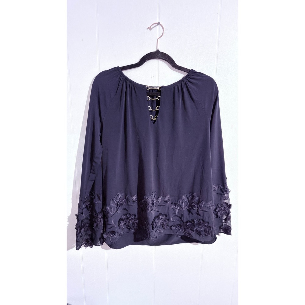 T Tahari Women's Navy Blue Long‎ Sleeve Blouse Embroidered Floral Detail Size S